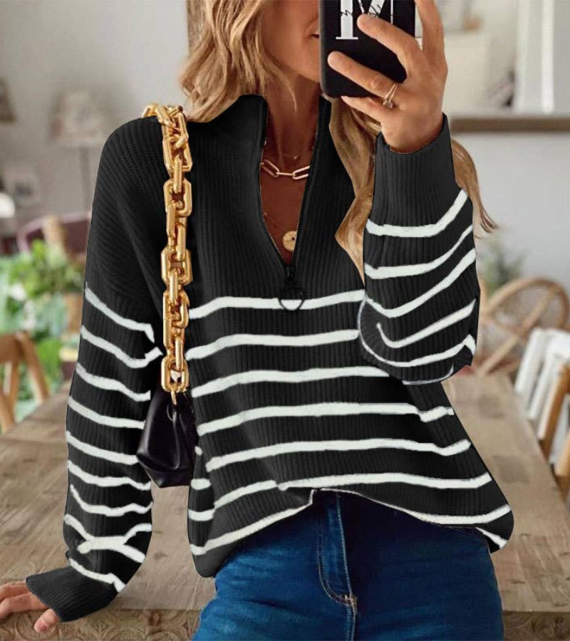 damen-gestreifter-pullover-mit-reißverschluss