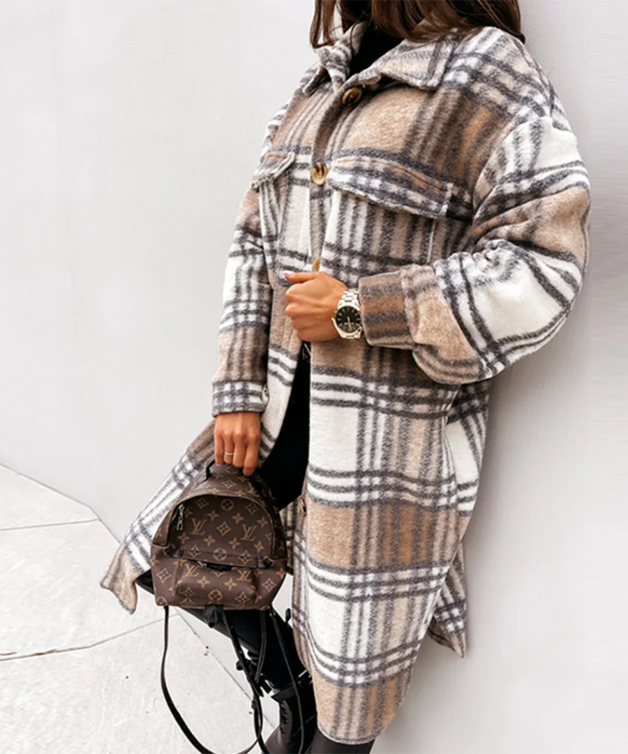 damen-karierter-lange-strickjacke-cardigan